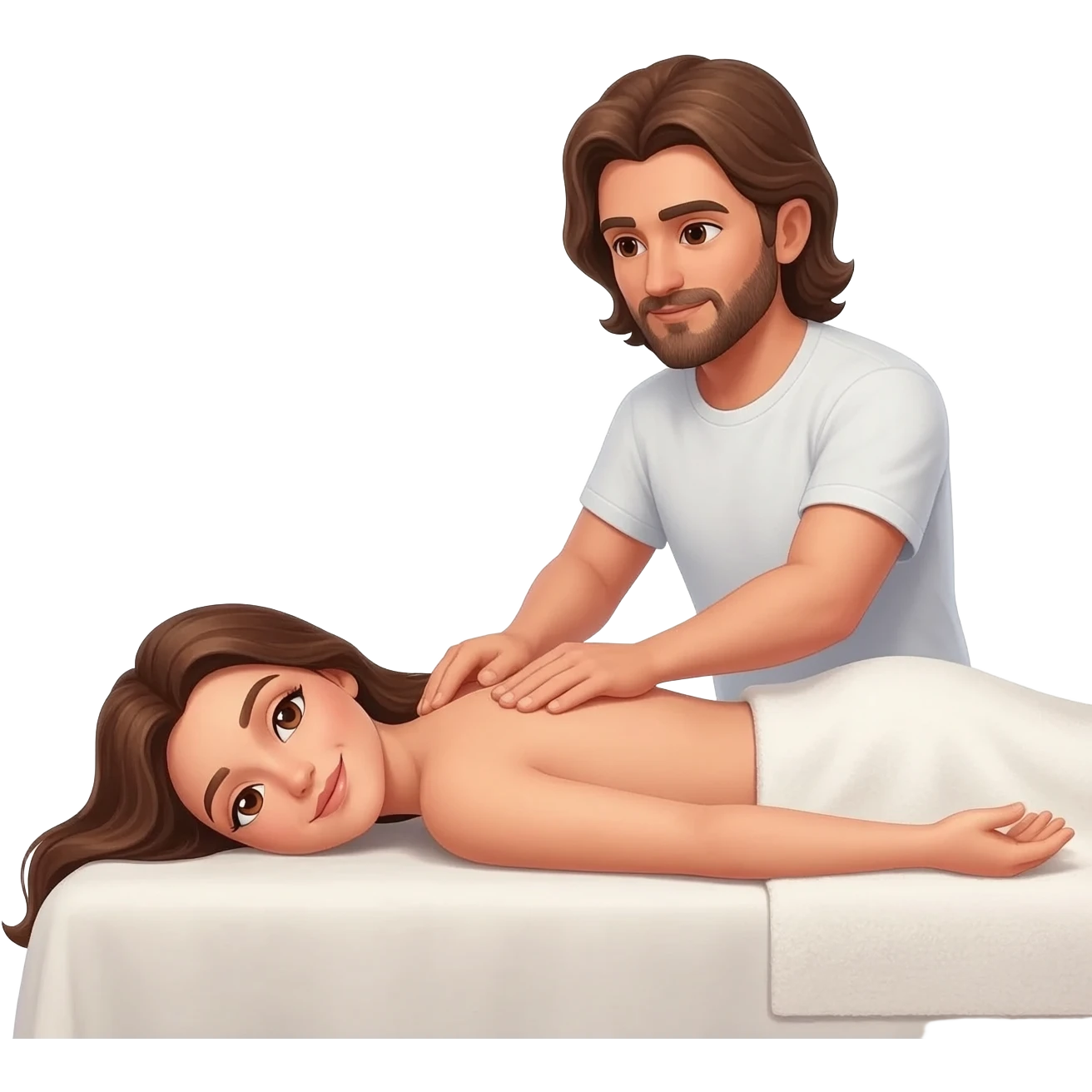 Female, brunette, brown eyes, long hair, getting a massage on a table from a male, long hair, brunette, with a beard giving a massage emoji