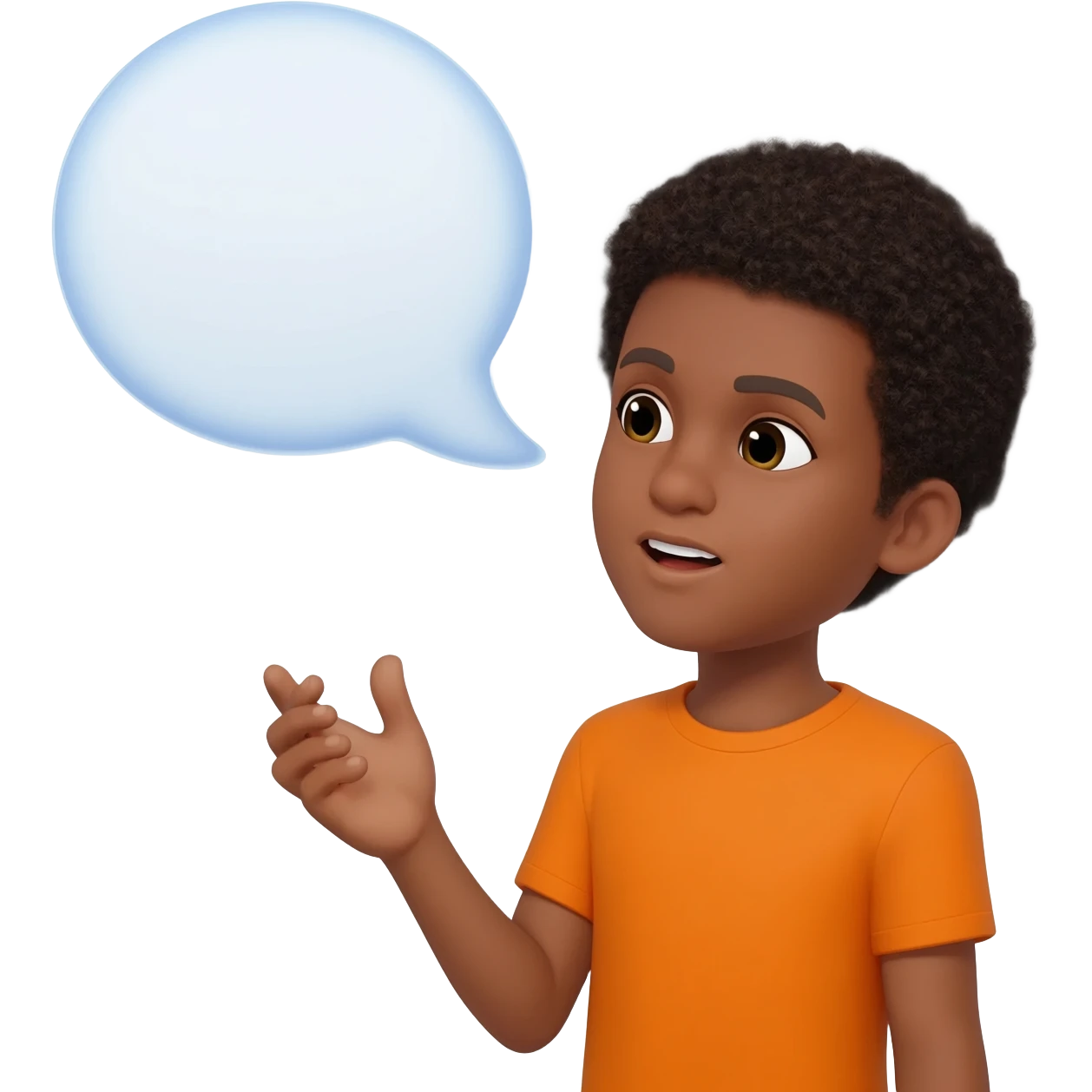 black boy curly hair orange shirt talking talk bubble emoji
