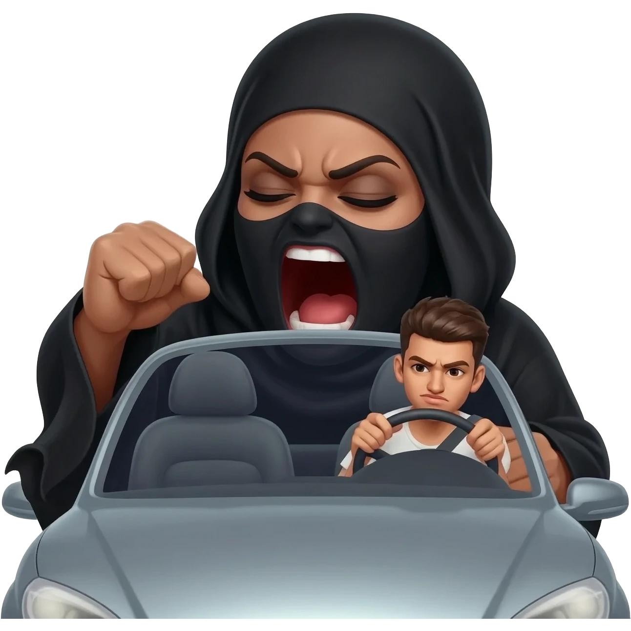 une grosse femme dominatrice avec burca noir qui baise, hurle et insulte un jeune homme conducteur dans la voiture emoji