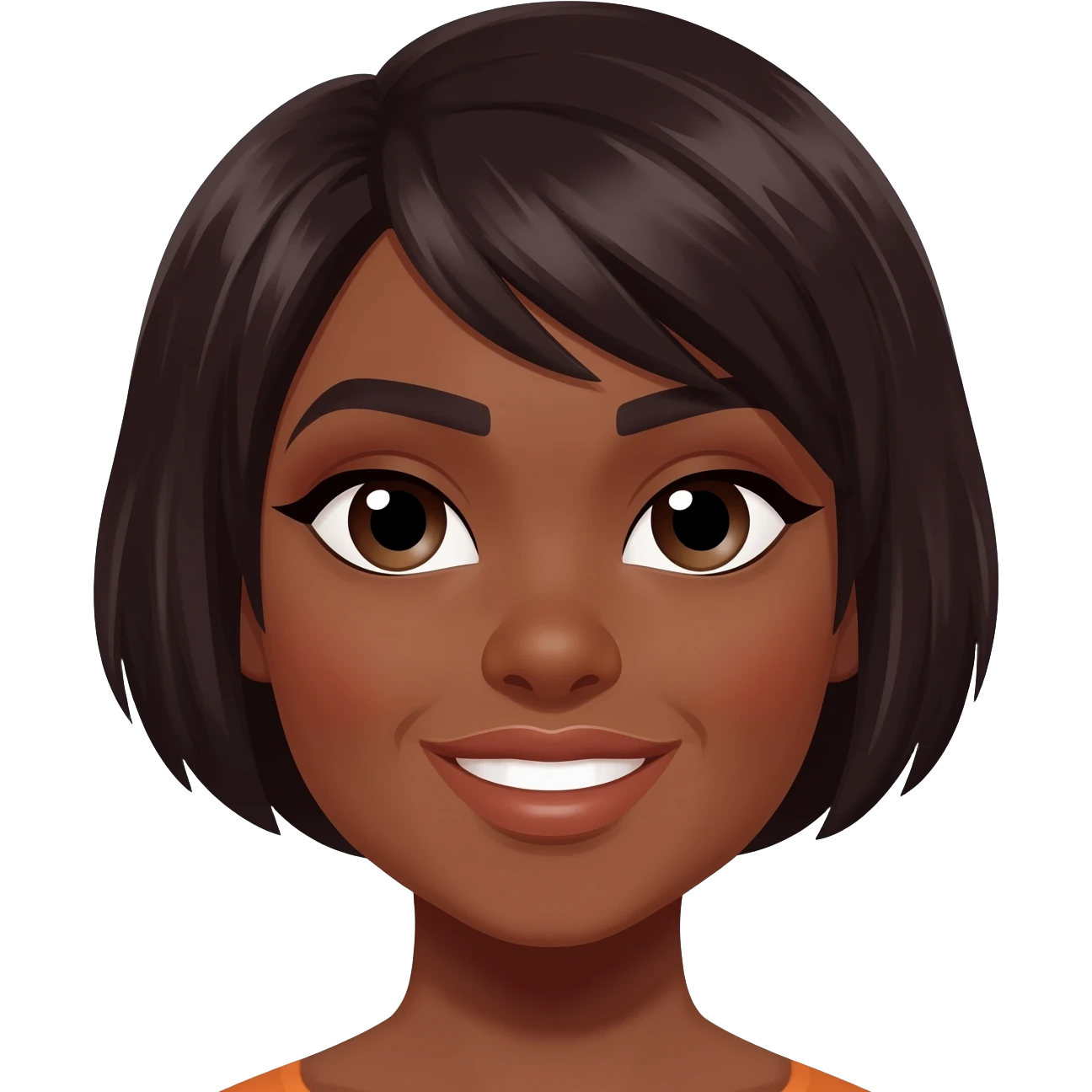 Mujer morena pelo corto oscuro ojos rasgados nariz gruesa embolada labios medianos sonriendo emoji