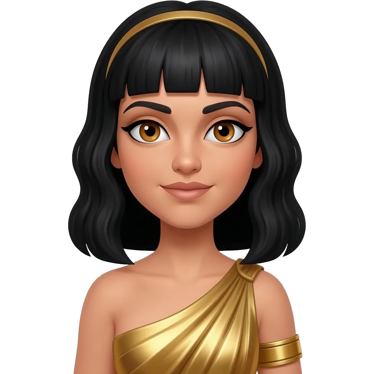 Cleopatra with hazel brown eyes, long black hair, gold metallic peplos, gold bracelet emoji