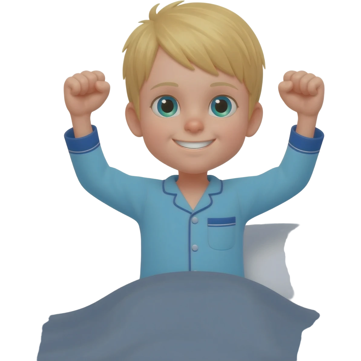 Use the same 3 year old blonde boy with blueish-green eyes, it should be the same boy as before  happy with plain blue pajamas raising both arms up and hands like fists, sitting on the bed, the bed should be gray emoji