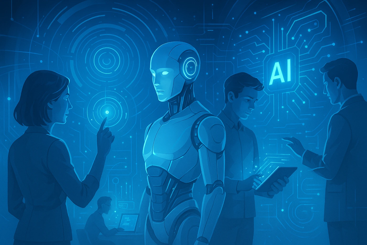 AI and People, futuristic, glowing elements, sleek design, blue and silver tones emoji