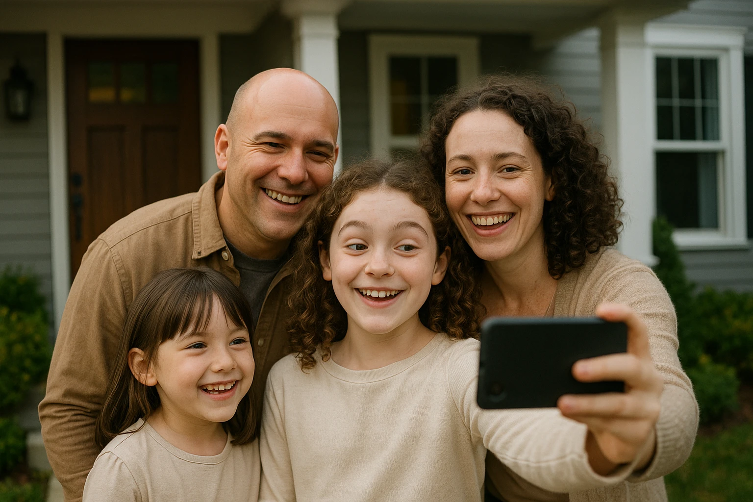 A cheerful family of four taking a selfie outside their house: bald dad (medium light skin), mom (curly hair, pale skin), older daughter (curly hair, pale skin, holding phone), younger daughter (straight hair, medium light skin). Sisters are amused, parents are smiling. emoji