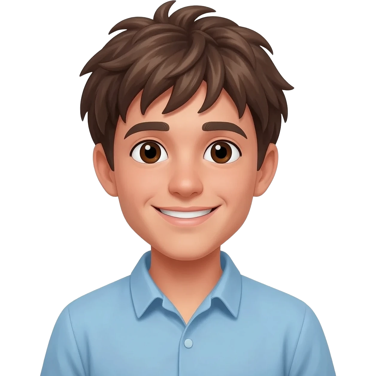 create an emoji of a teenage man, very very slightly tanned face, smile. he has an cool look, very messy brown hair, dark brown eyes, natural lips. he wears a short sleeve light blue emoji