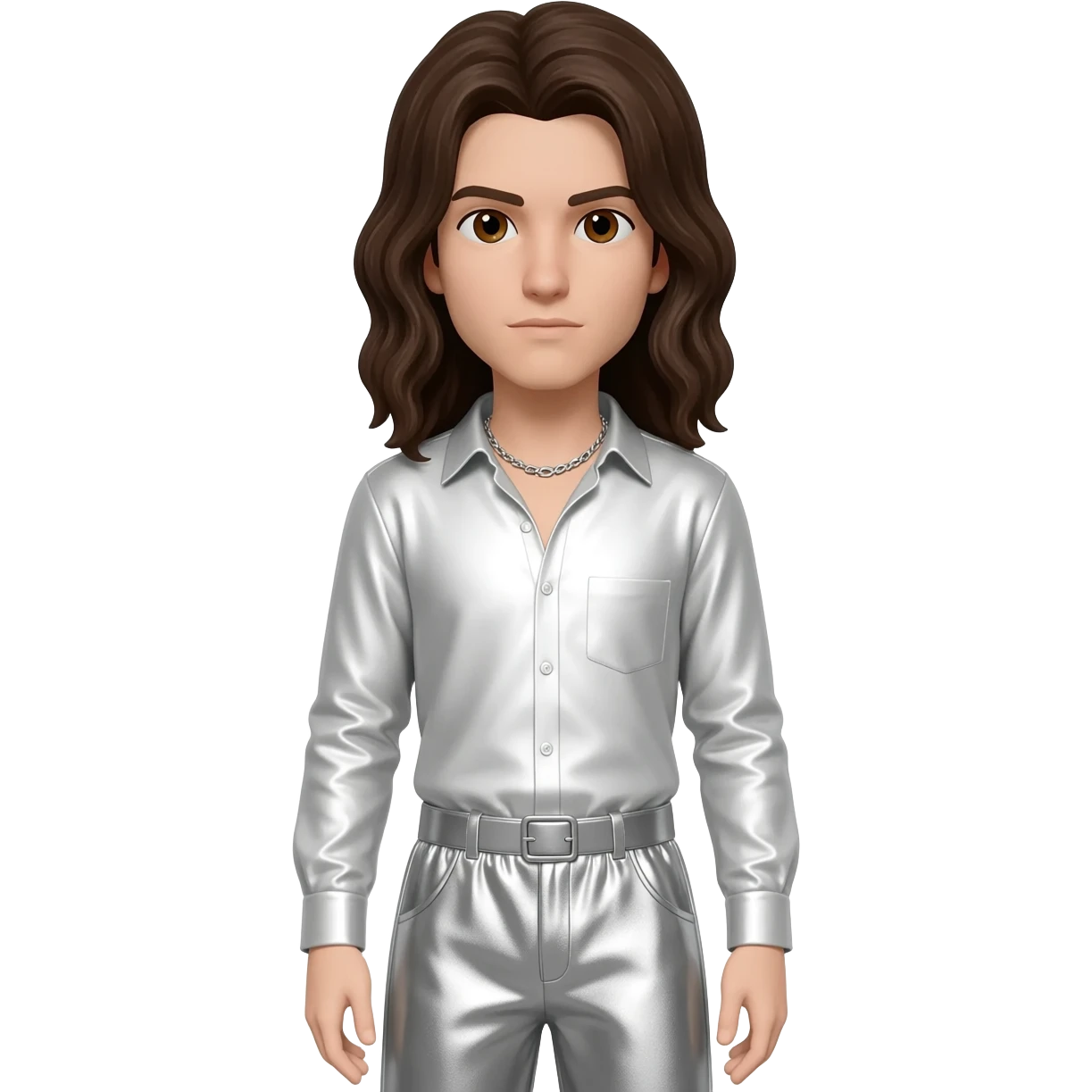 Chris Pontius with brown eyes, long dark brown hair, white metallic shirt, silver metallic baggy pants, silver necklace emoji
