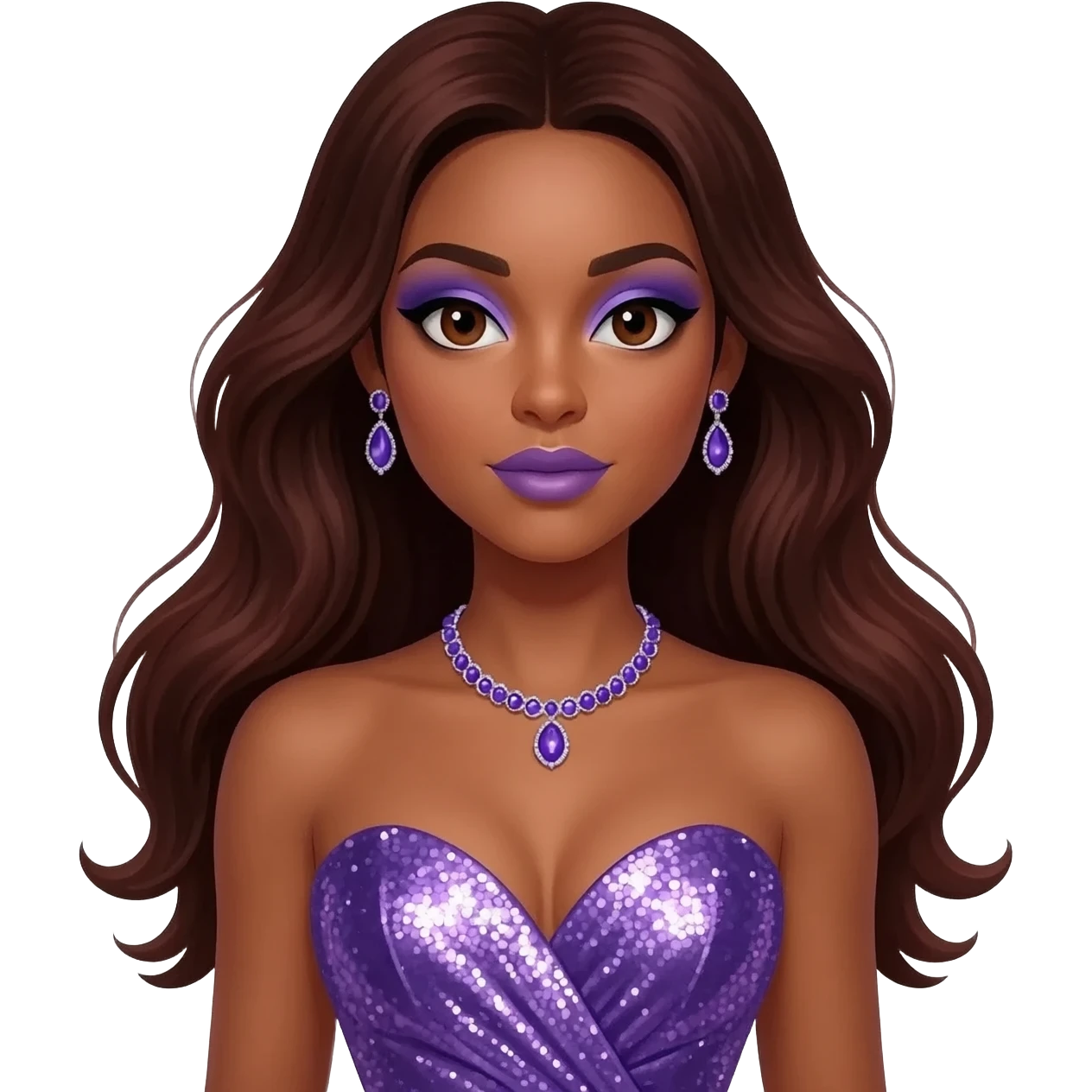 Solange with dark brown eyes, periwinkle eyeshadow and lipstick, long dark auburn hair, periwinkle metallic sweetheart dress, periwinkle necklace and earrings emoji