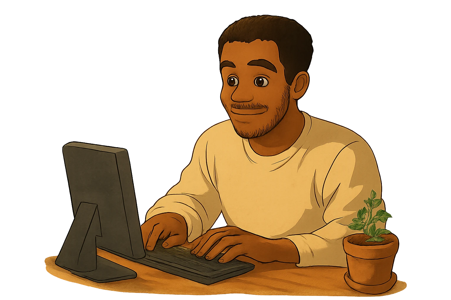 Remove the background, leaving only the main character, his desk, and his computer in Ghibli style with a transparent background. emoji