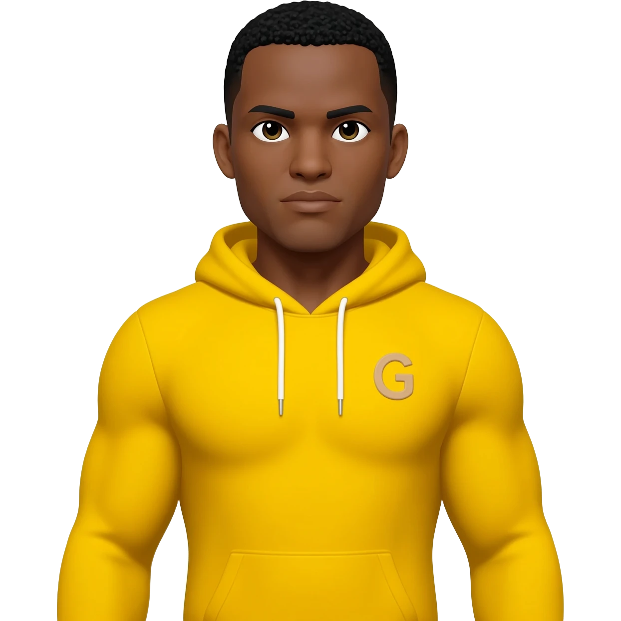 Black male look superstrong yellow hoodie and beige short letters G black g armsbi hair full body emoji