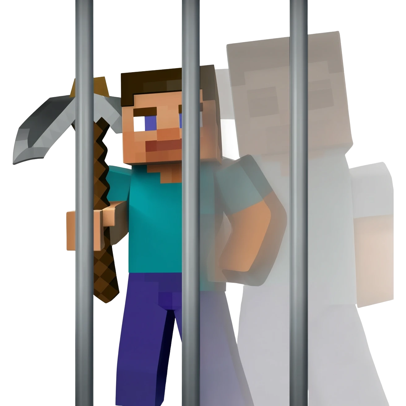 Half of a minecraft character holding a pickaxe behind bars emoji