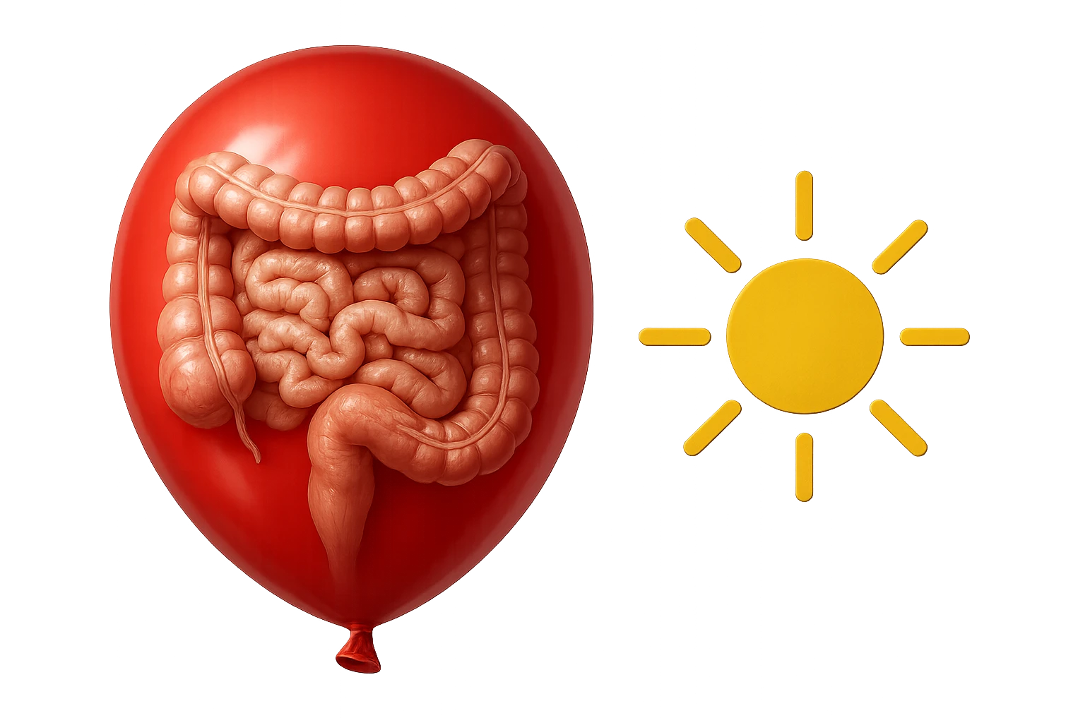 intestino umano anatomico chiuso in un palloncino rosso che simboleggia gonfiore, accanto un simbolo di sole che simboleggia "gonfiori di mattina", iperrealistico 4k emoji
