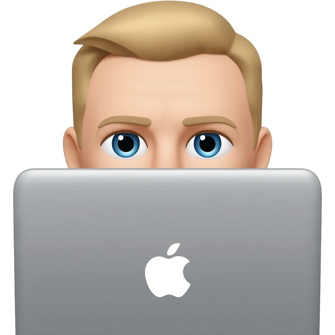 парень 30 лет с короткострижеными волосами без очков европейской внешности с голубыми глазами сидит за макбуком видно только глаза и лоб, остальное скрыто за макбуком  (волосы русого цвета) emoji