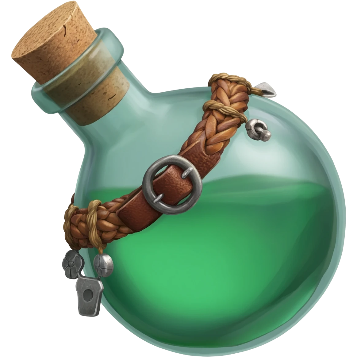 an empty round potion bottle a little rotated to the left with a cork and decorations on the bottle like ropes and belts and random stuff emoji