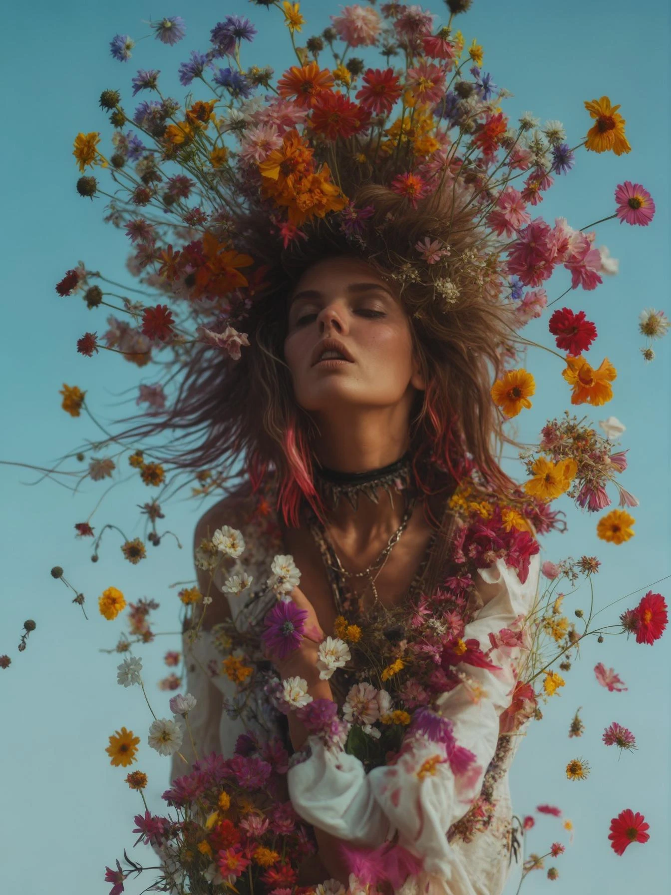 Closeup photo of a woman falling around explosion of a colorfull flowers wearing alternative fashion, blue sky minimalistic background emoji