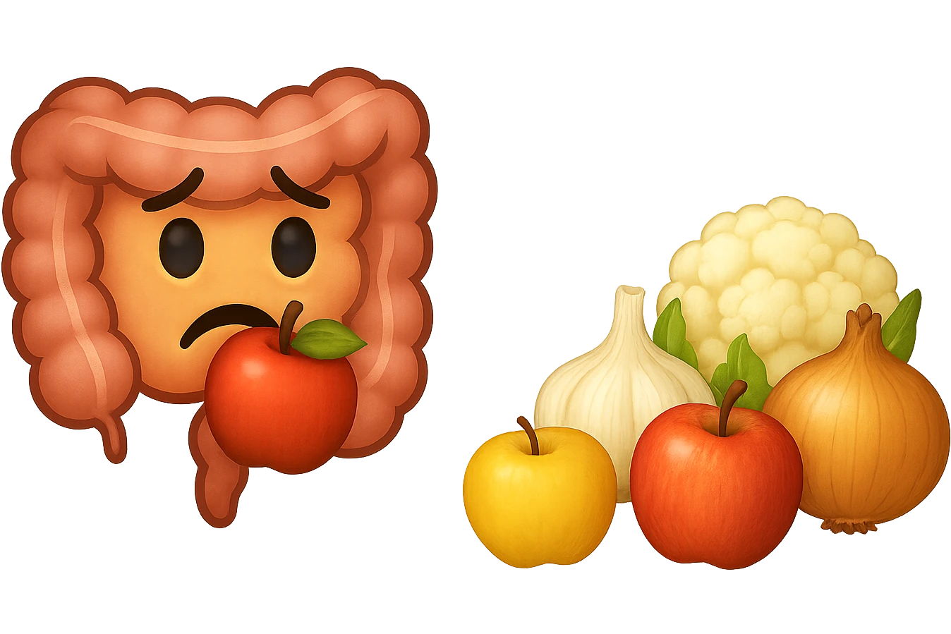 EMOJI STILE IPHONE DI UN INTESTINO UMANO IN CRISI PERCHé STA MALE, IN BOCCA HA UNA MELA E DAVANTI A LUI C'è UNA MONTAGNA DI aglio, cipolle, cavolfiore e mele emoji