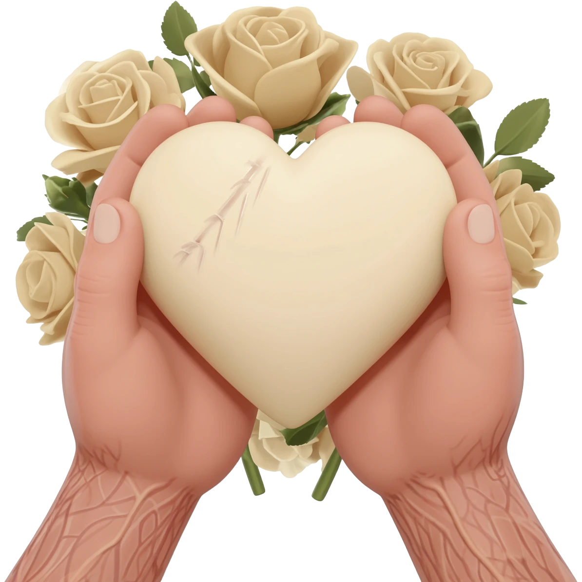 Realistic hands are holding light beige human heart with beige flowers emoji