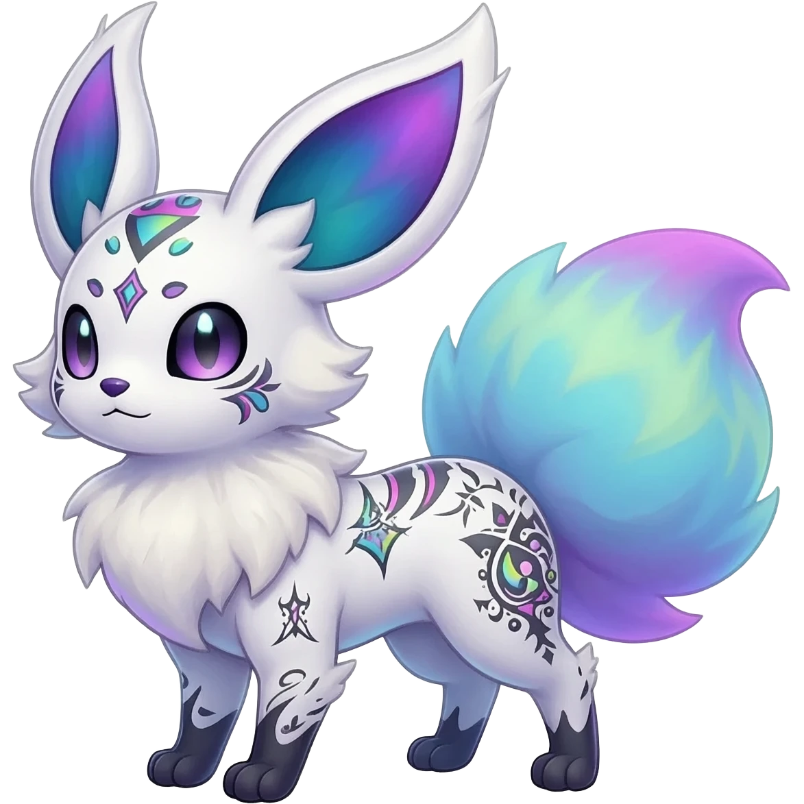 Rare neon iridescent white exotic cute epic aesthetic gothic colorful Salandit-Eevee-Civet-species-Fakemon-hybrid-creature, with intricate tattoo markings, full body emoji