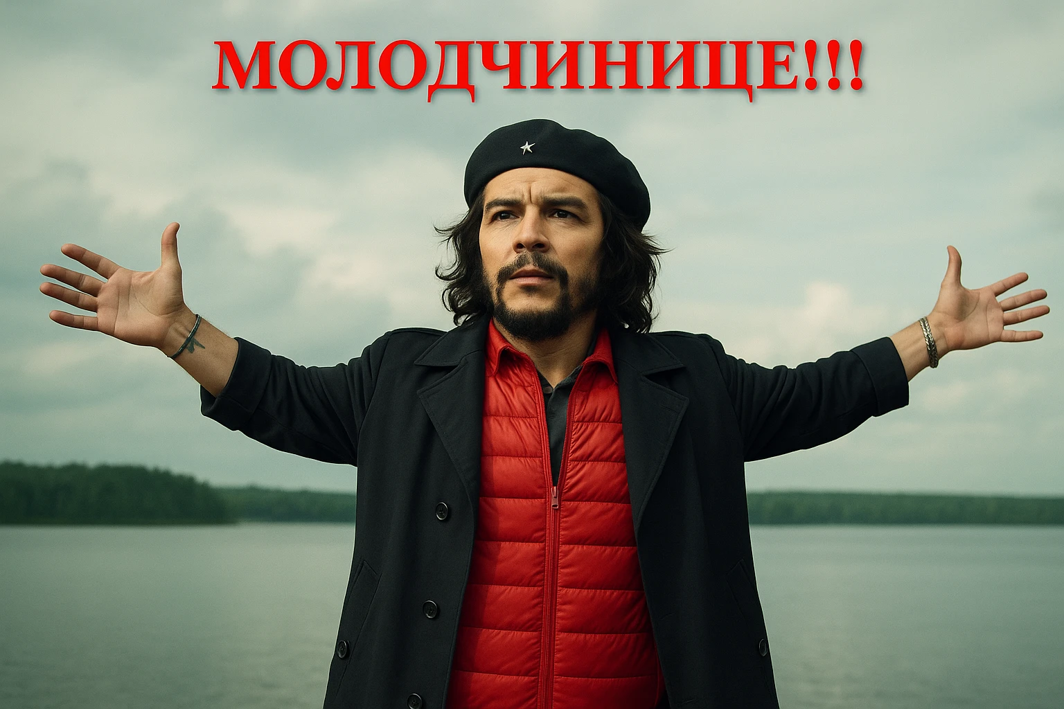 Сгенерируй мне в такой же позе и в такой же одежде Че Гевара (как на 2 фото) emoji