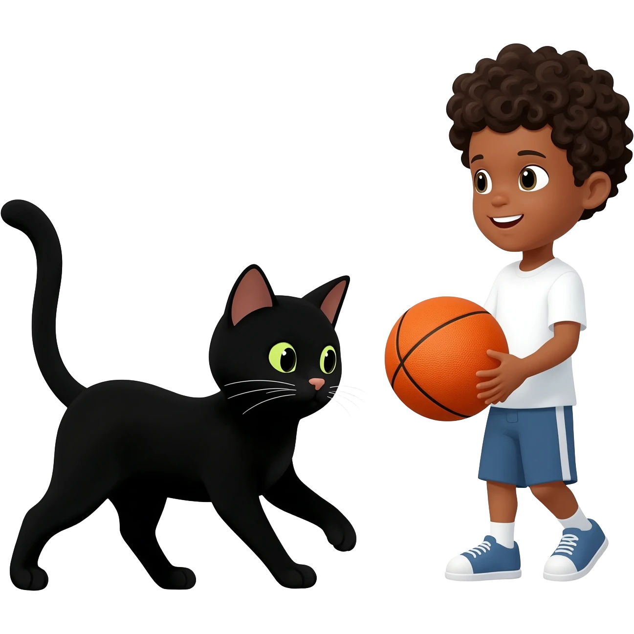 Black cat playing with orange basketball and a little white boy with curly black hair emoji