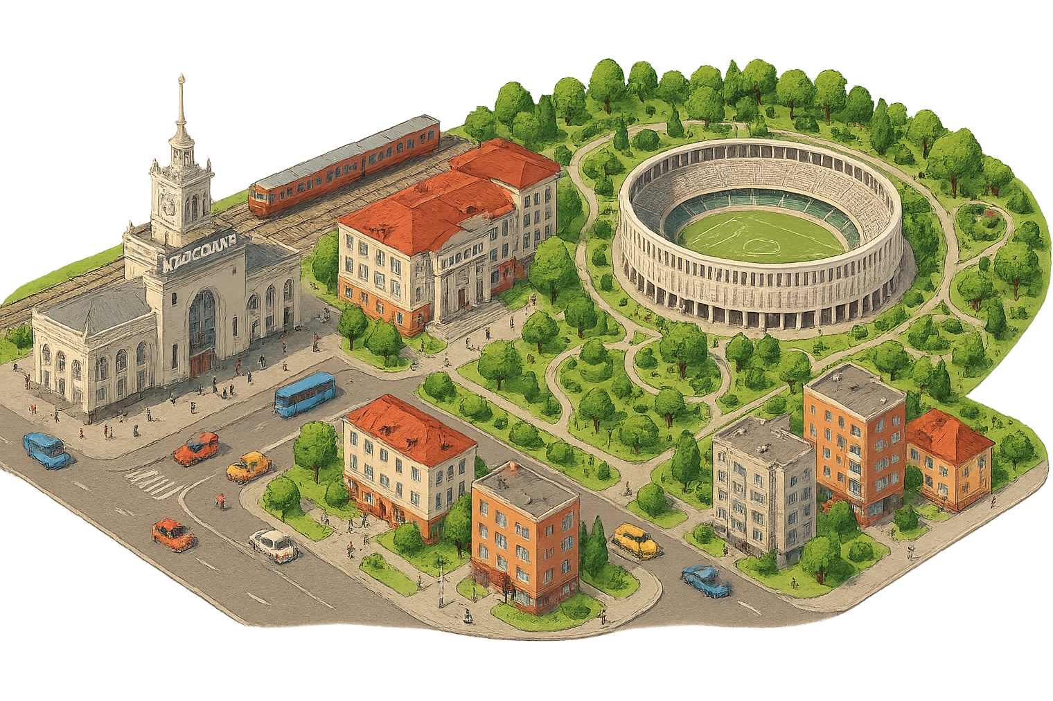 Изометричная миниатюрная фотореалистичная 3D модель панорамы Краснодара - вокзал Краснодар, КубГМУ, парк Краснодар со стадионом, краснодарские дома, автотранспорт четкие линии, яркие цвета, мультяшный реализм, люди, автотранспорт, компактная композиция, вид сверху в изометрии, прозрачный фон emoji