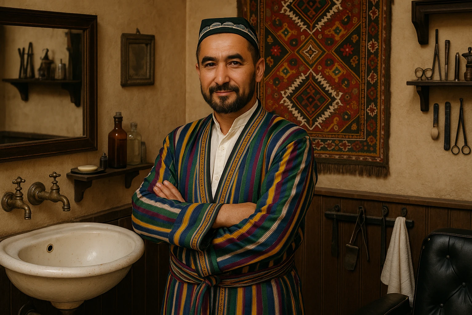 uzbek sartaroshi qo'lini qovushtirib turibdi yon taraf sal pastroq rakusdan emoji