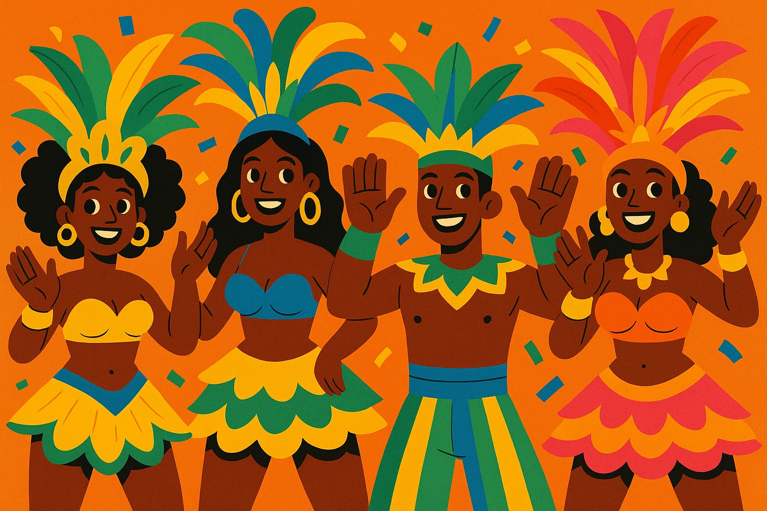Black samba dancers, beckoning with hands, rhythmic, festive, traditional samba attire, cheerful expression emoji