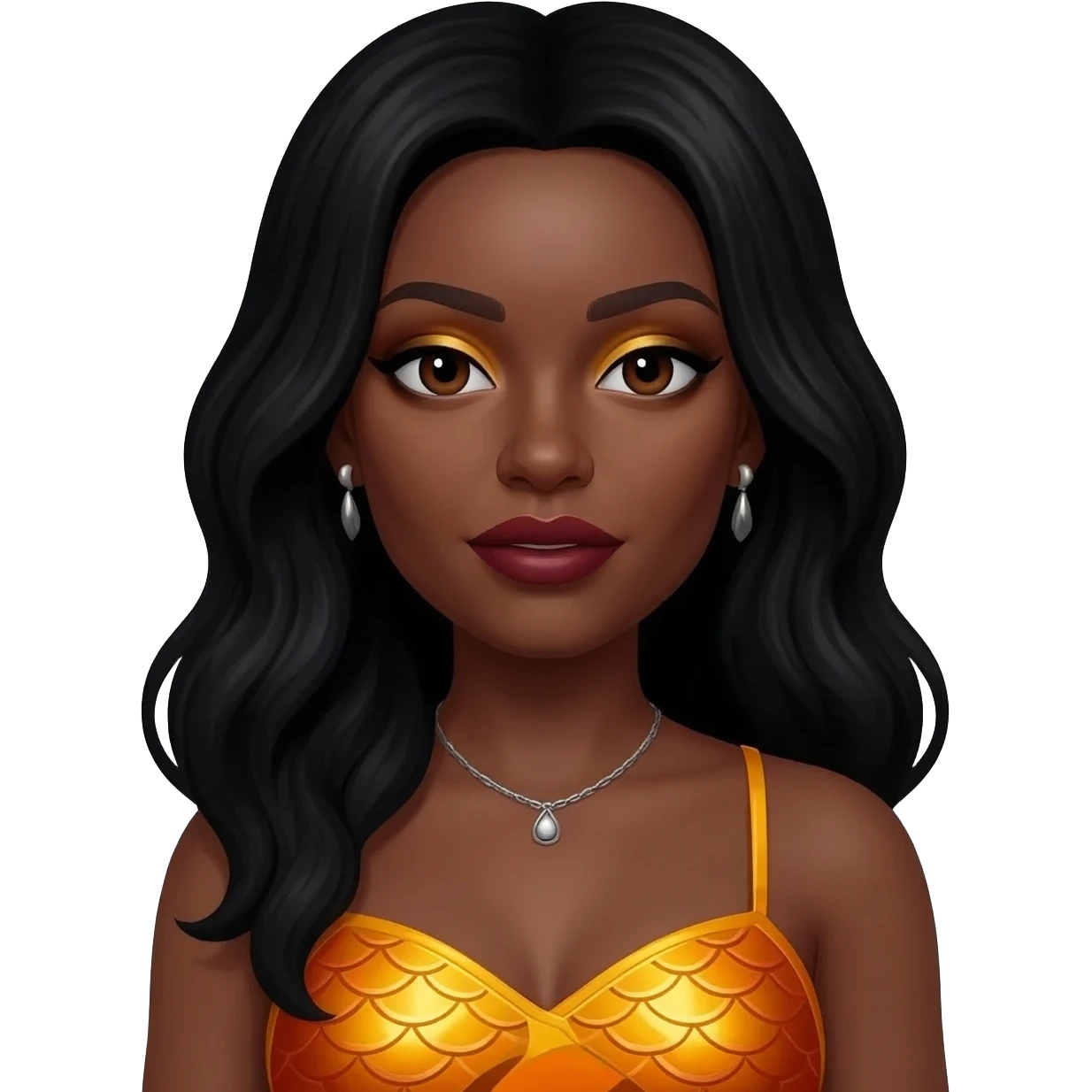 Rozonda Chilli Thomas from TLC with dark brown eyes, long black hair, gold eyeshadow, dark red lipstick, yellow-orange metallic mermaid crop top, silver necklace and earrings emoji
