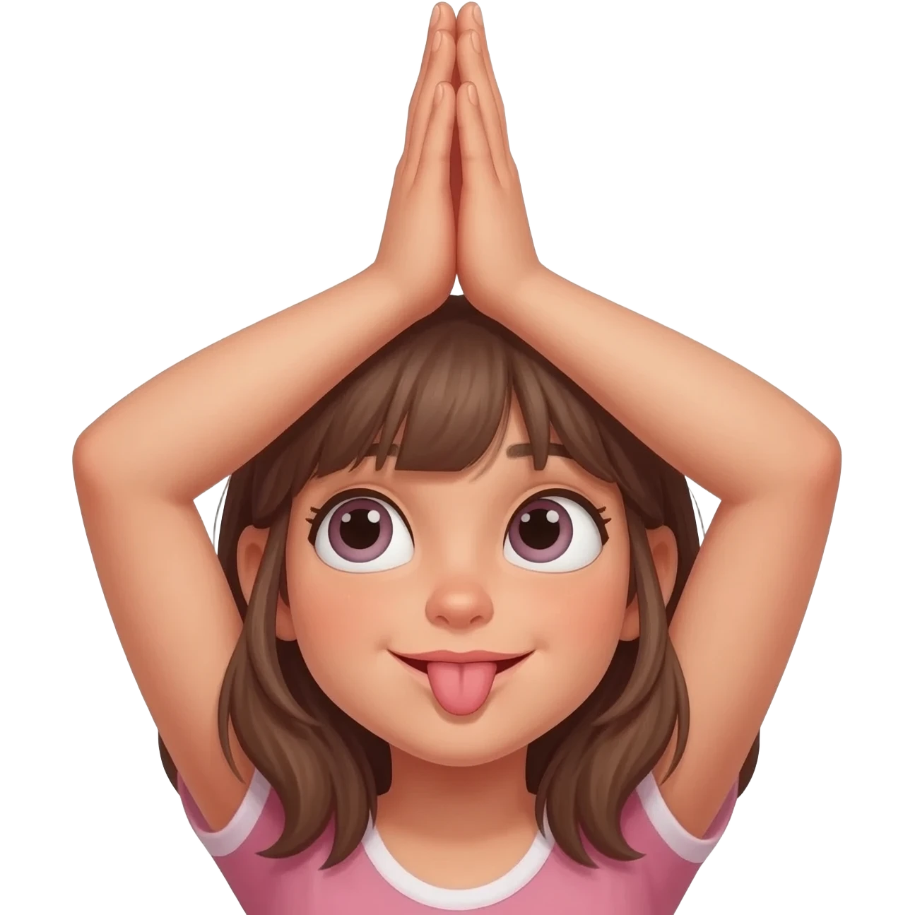 give me a girl that is stiking her tongue out and putting her hands up together like shes praying and put the hands above her belly and make her head tillt a little to the side and look up at me and make her tongue go uppwords to her nose but not tuching the nose just in the upper lip emoji