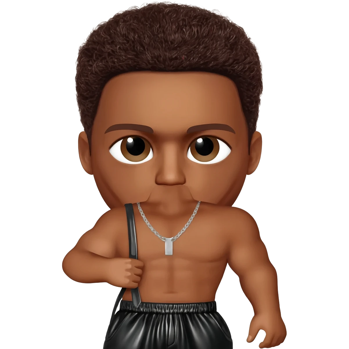Trey Songz with dark brown hair, black metallic baggy pants, shirtless with necklace emoji