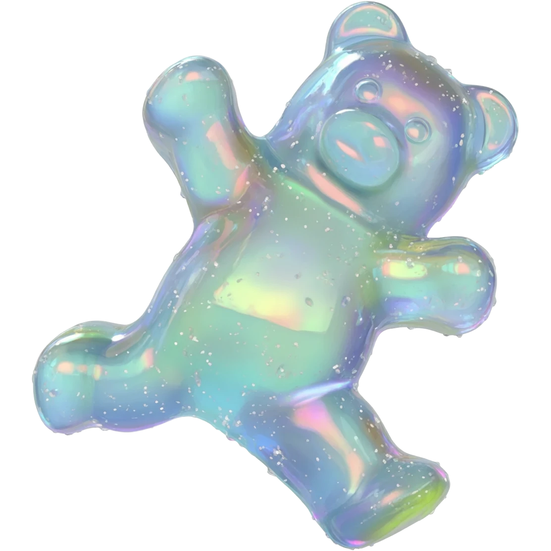 a hyper-realistic 3D rendering of a translucent,  twoglistening iridescent gummy bear mid-bounce, its plump body captured in dynamic motion as if frozen in time. The candy's surface refracts light like real gelatin, with sticky highlights gleaming along its curved edges and subtle sugar granules  emoji