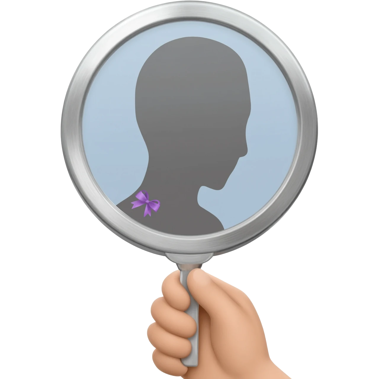 Apple iOS–style 3D emoji: round silver handheld mirror, facing forward. In the reflection, neutral faceless silhouette with small violet ribbon (only in reflection). White background, centered, soft shadow. emoji