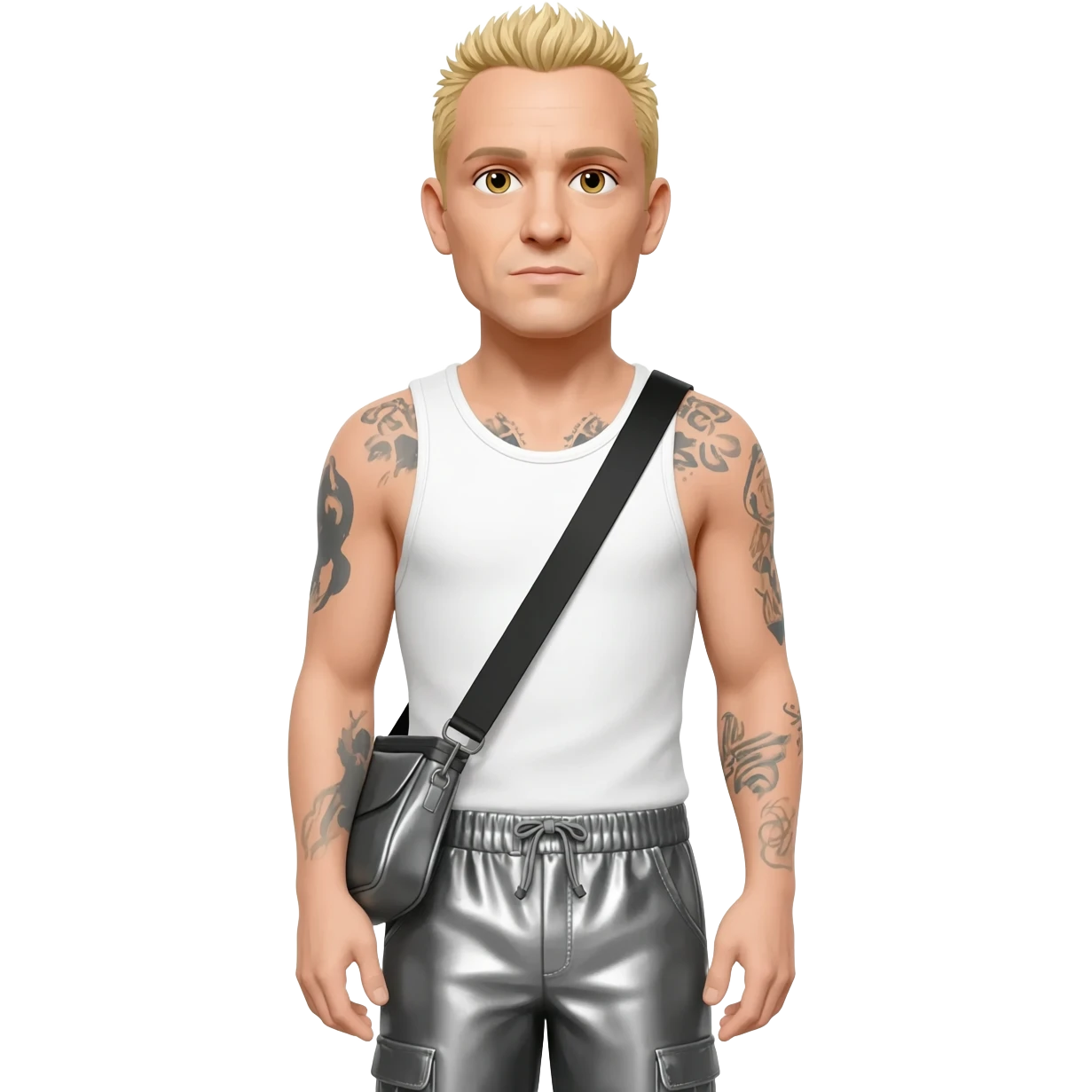 Chester Bennington with blonde hair, white tank top, grey metallic baggy pants emoji