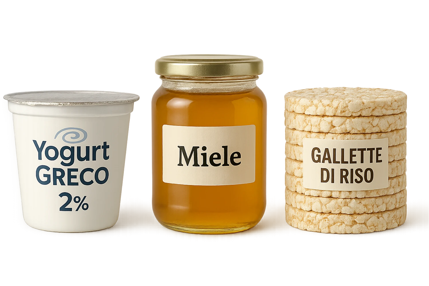 Yogurt Greco 2%
Miele (senza il cucchiaio di legno)
Gallette di Riso
vista frontale, iperrealistico 4k emoji