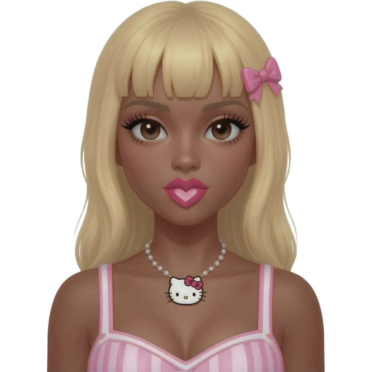 heart shaped lips, cute glossy lips, doll eyes with long lashes, dark brown skin, blonde hair, big chest, hello kitty necklace, one bow clip, bimbocore outfit emoji