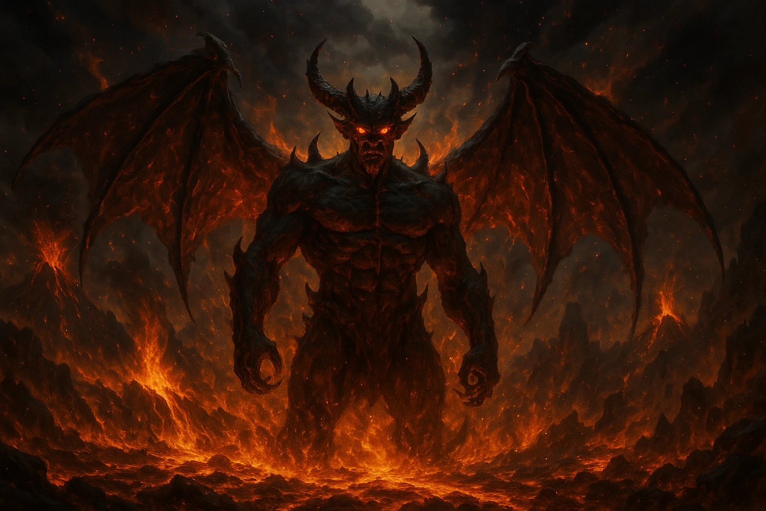fantasy devil with wings and fire, epic scene emoji