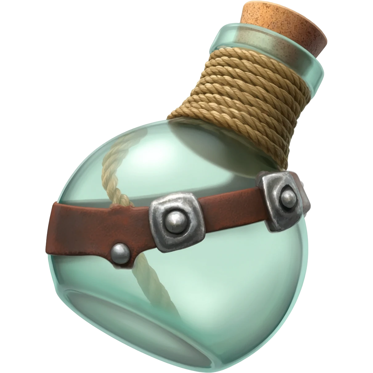 an empty round potion bottle a little rotated with a cork and decorations on the bottle like ropes and belts and random stuff emoji