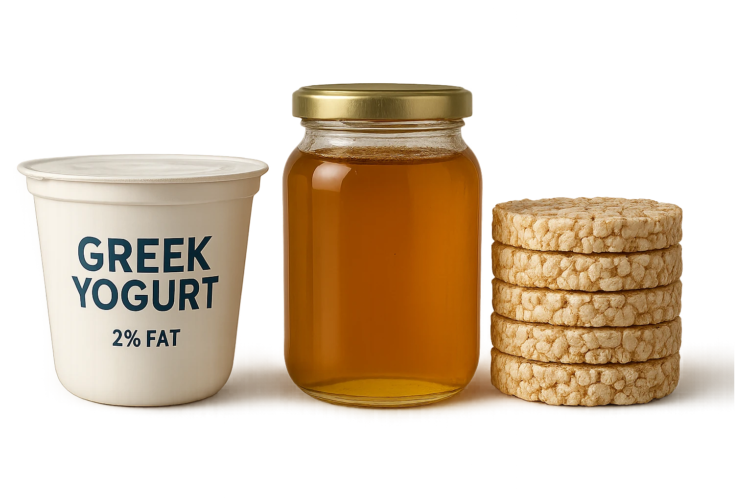 Yogurt Greco 2%
Miele (senza il cucchiaio di legno)
Gallette di Riso
vista frontale, iperrealistico 4k emoji
