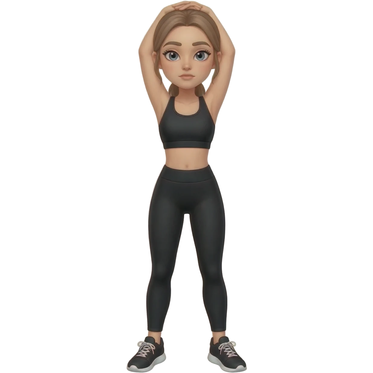 gentle bedtime stretch with sleepy mood, fair-skinned woman, gray-blue eyes, ash brown brows, ash light brown hair tied back, slim athletic body, black workout set, black sneakers with white soles emoji