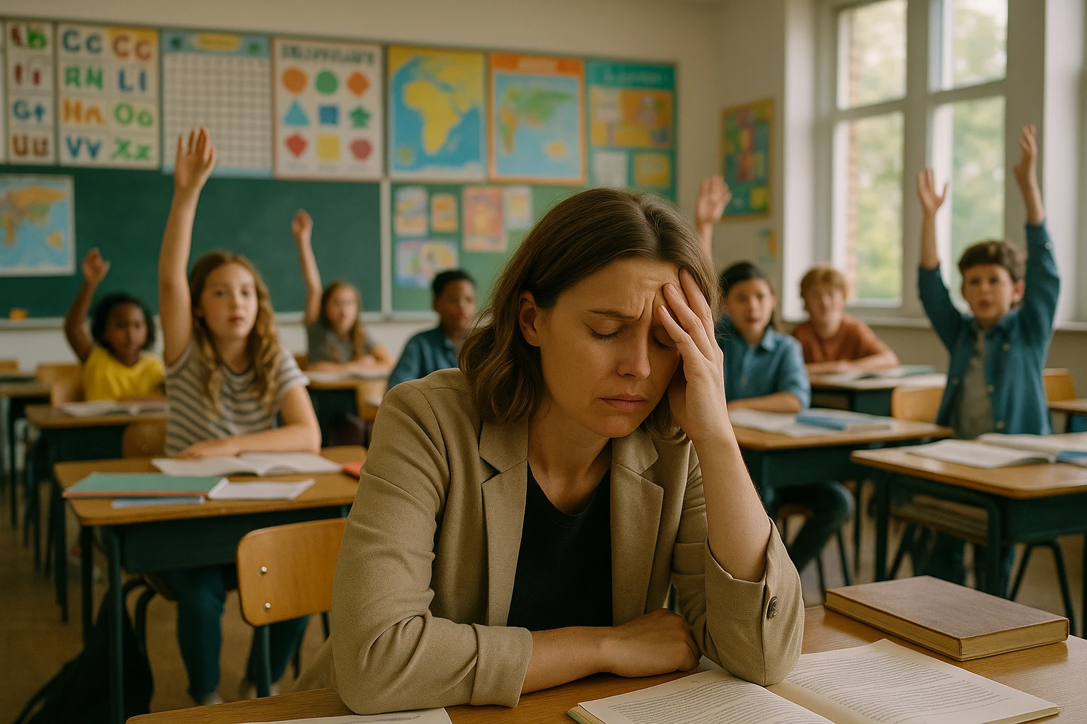 photograph of exhausted teacher in a bustling classroom emoji