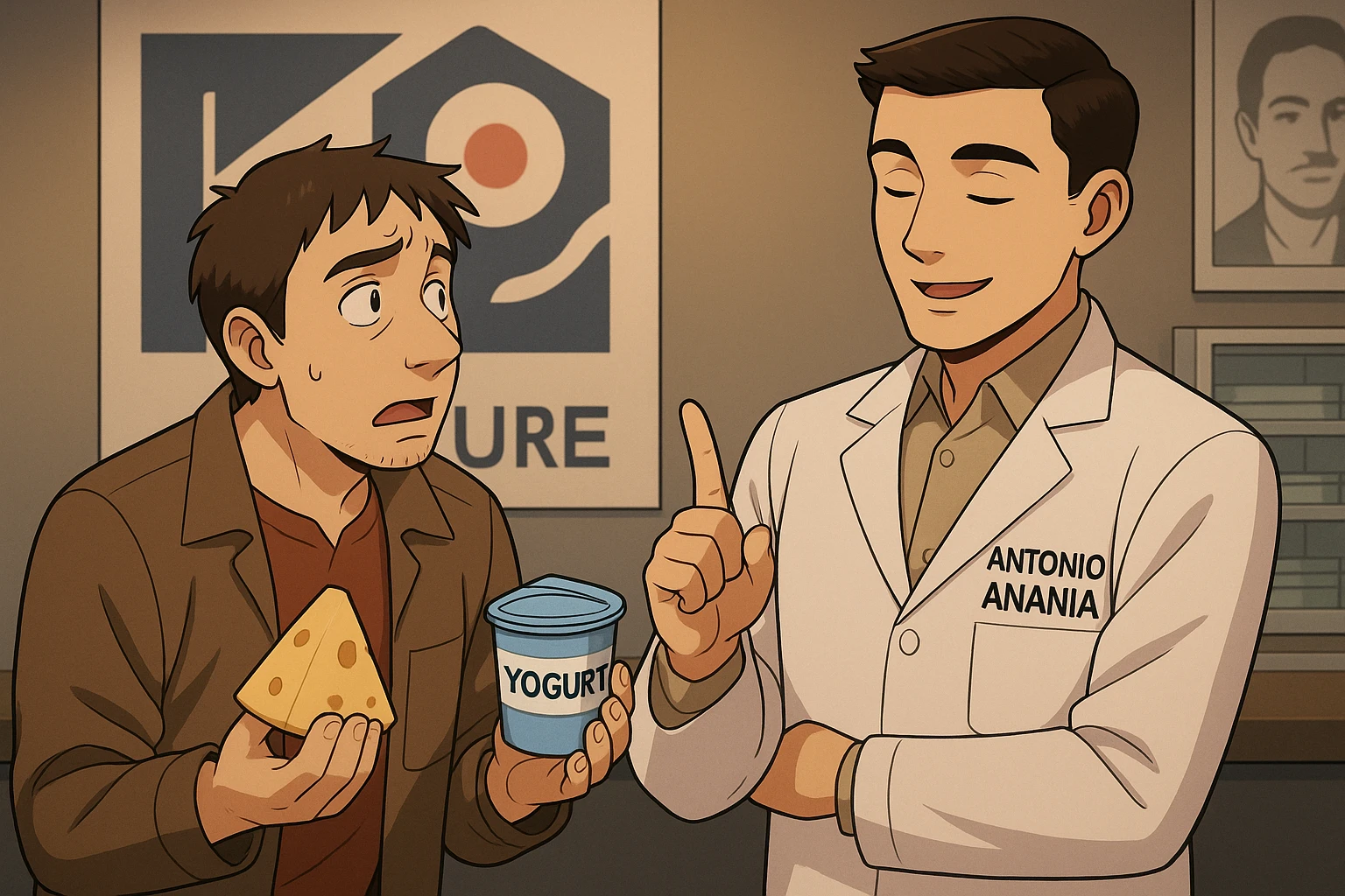 fai un webtoon manga a colori con questo stile, in cui un uomo fa una domanda al kinesiologo con il camice bianco (fagli anche la scritta "ANTONIO ANANIA" SUL CAMICE, l'uomo chiede una cosa mostrando un formaggio e uno yogurt al kinesiologo con il camice, IL KINESIOLOGO annuisce e SPIEGA ALL'UOMO UNA cos. L'UOMO ha un ESPRESSIONE CONFUSA IN VOLTO. non fare i fumetti però, fai solo in modo che sembri stiano parlando emoji