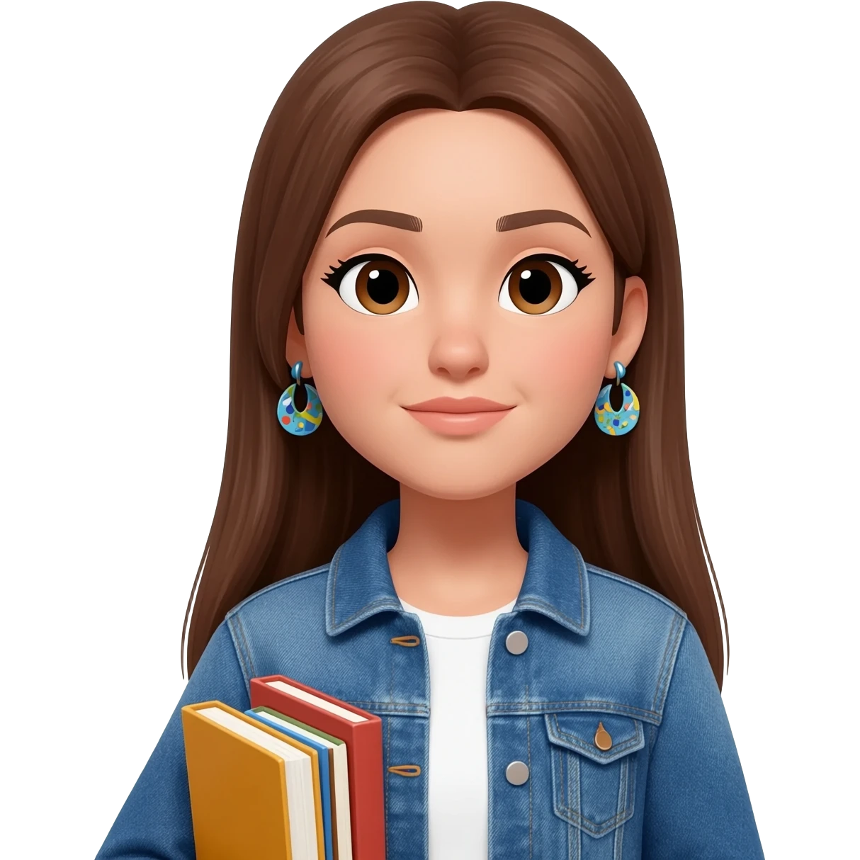 Woman with straight long brunnette hair, light skin, she is using a denim jacket with a white shirt and funky earrings and she is carrying books emoji