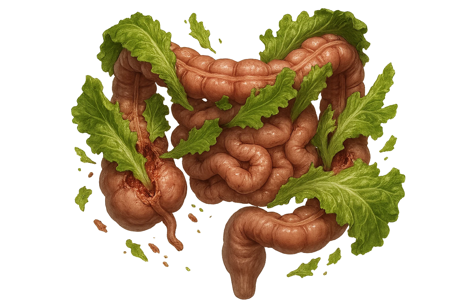 foglie di insalata che attaccano un intestino anatomico umano per distruggerlo emoji