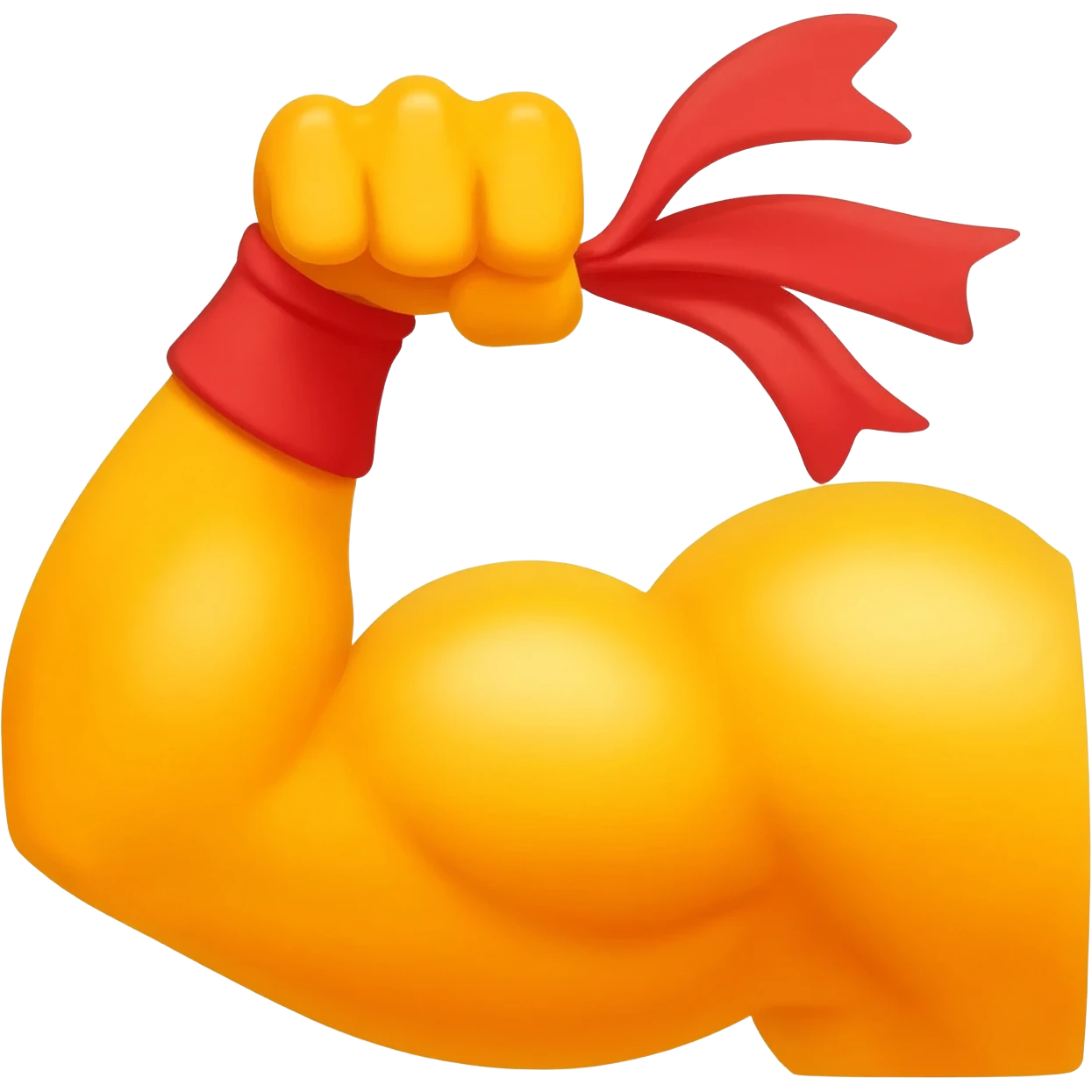 High-detail professional vector illustration of a strong, flexing cartoon arm with a prominent bicep. On the wrist is a red headband with white Chinese characters that read '加油' clearly. The entire emoji is outlined for visibility, with a vibrant yellow-orange muscle tone. Clean solid background. emoji