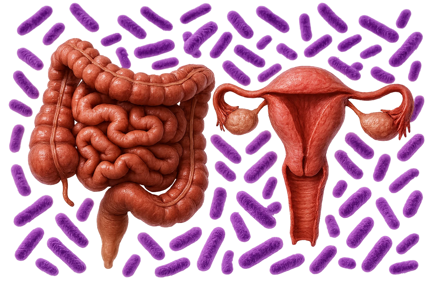 intestino umano anatomico realistico accanto ad un utero umano anatomico realistico, dietro i due organi fluttuano batteri intestinali con questo colore: #971ef1, iperrealistico 4k
isolata su sfondo bianco emoji