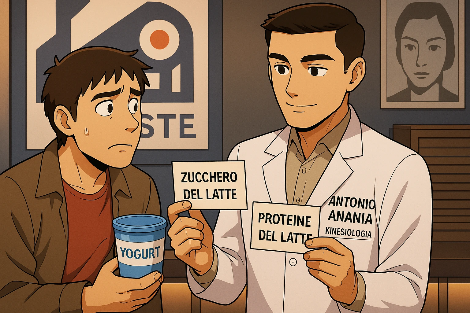fai un webtoon manga a colori con questo stile, in cui un uomo ASCOLTA Il kinesiologo con il camice bianco (fagli anche la scritta "ANTONIO ANANIA" SUL CAMICE, IL KINESIOLOGO SPIEGA ALL'UOMO UNA COSA TENENDO DUE FOGLIETTINI IN MANO, UNO CON LA SCRITTA "ZUCCHERO DEL LATTE" E UNA CON LA SCRITTA "PROTEINE DEL LATTE". L'UOMO OSSERVA LO YOGURT CHE HA IN MANO CON ESPRESSIONE DUBBIOSA IN VOLTO. non fare i fumetti però, fai solo in modo che sembri stiano parlando emoji