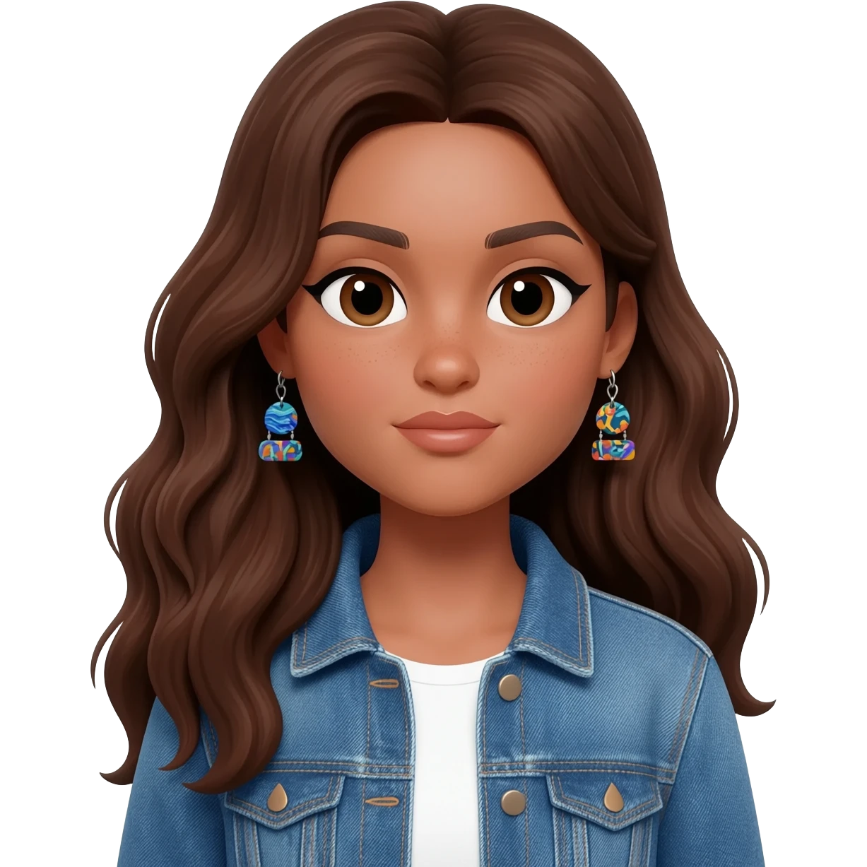 Woman with long brunnette hair, light brown skin, she is using a denim jacket with a white shirt and funky earrings emoji