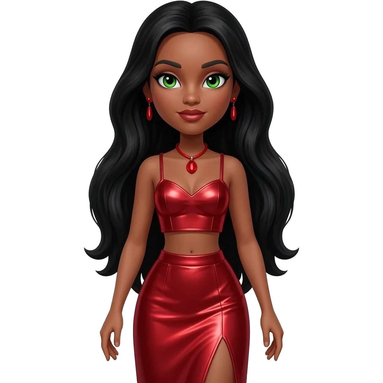 Jade from Bratz with green eyes, long black hair, red metallic sweetheart crop top, red metallic assymetrical long skirt, red necklace and earrings emoji