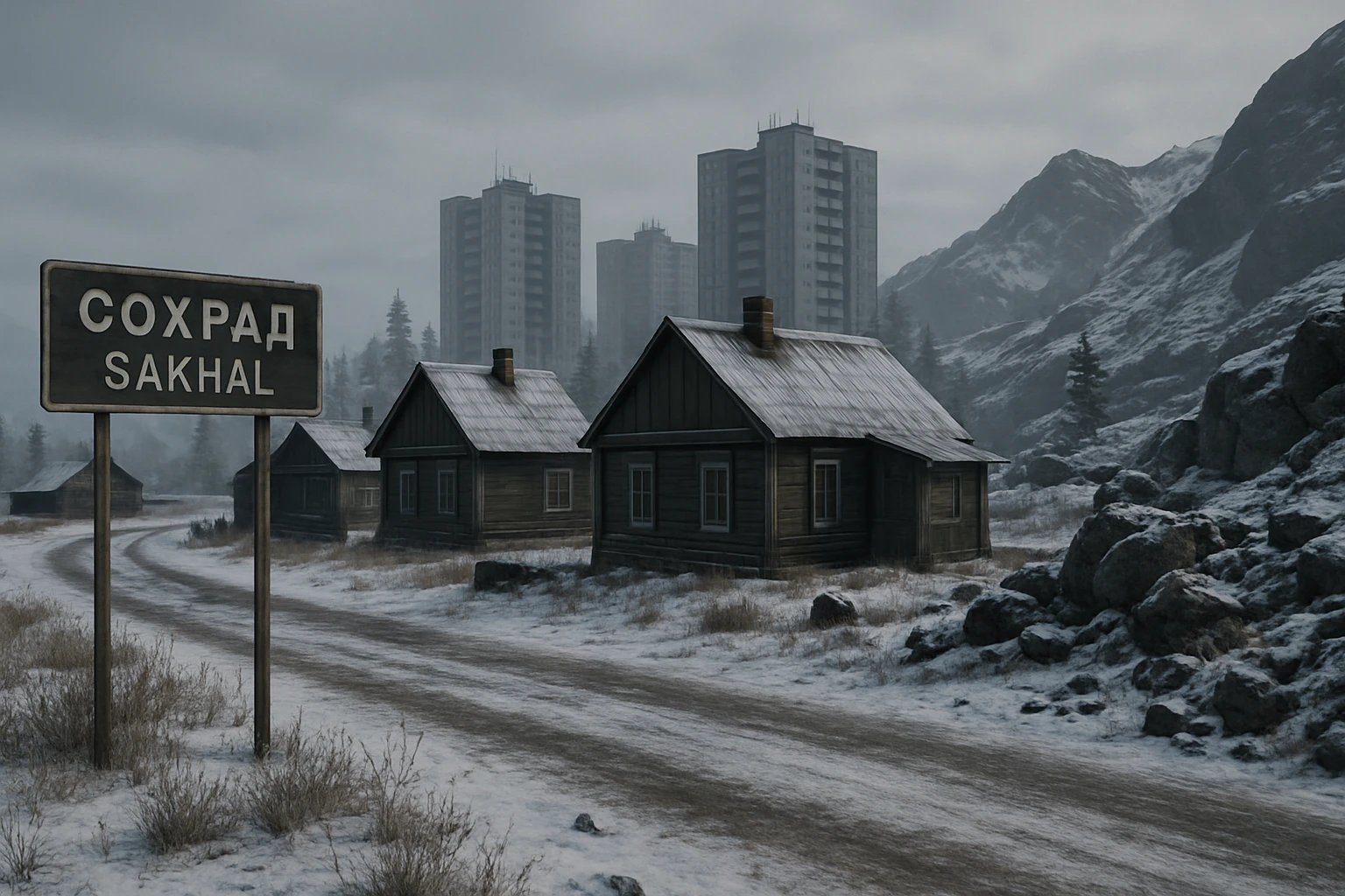 a view of the city street in a videogame: DayZ - in  Sakhal - snowy steppe tundra, rustic cabin houses, tall apartment blocks in the distance, mountainous and rocky terrain emoji