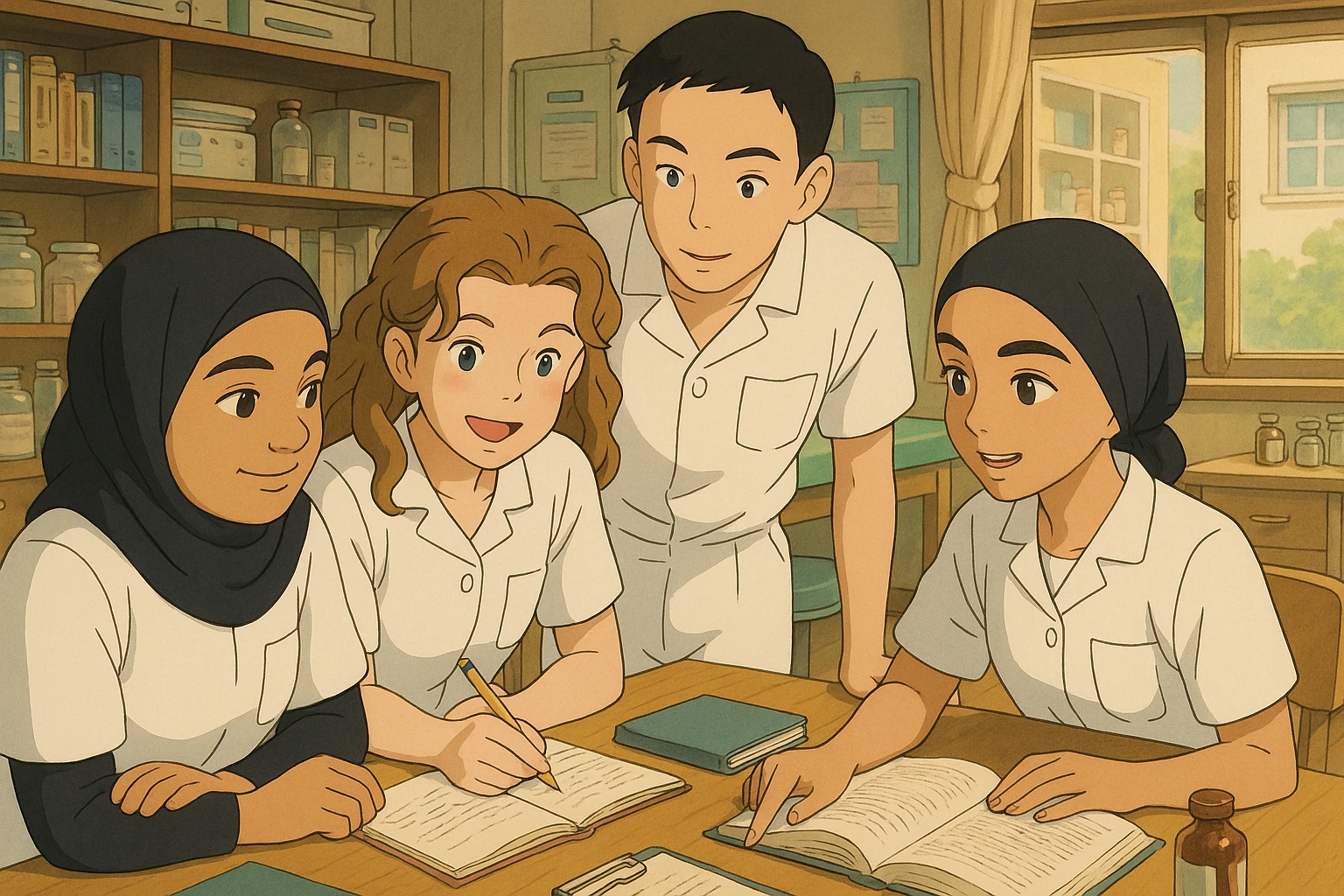 Ghibli style interior scene with a group of four nursing students working together. They wear white short-sleeve uniforms with V-neck medical tunics and a left chest pocket, no stethoscopes or clothes under the tunic. Warm atmosphere with visible interaction and a different composition. emoji