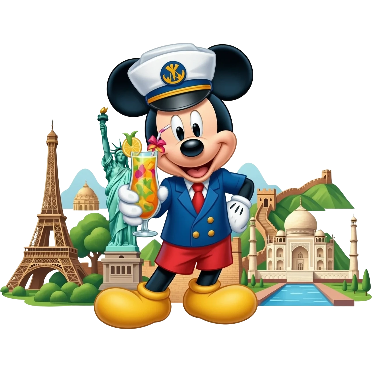 Micky mouse drinking coctails round the world emoji